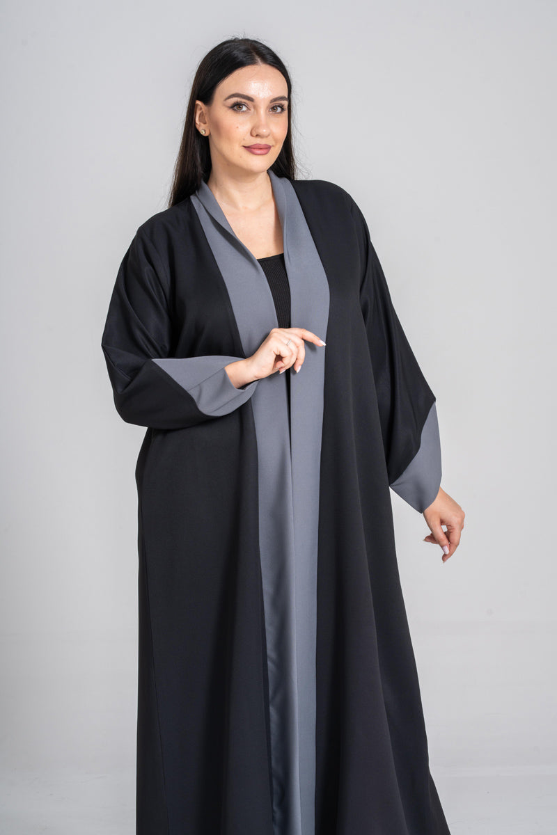 NY-58 - BLACK PLAIN ABAYA WITH SILVER HIGHLIGHTS (FUAA LINEN)