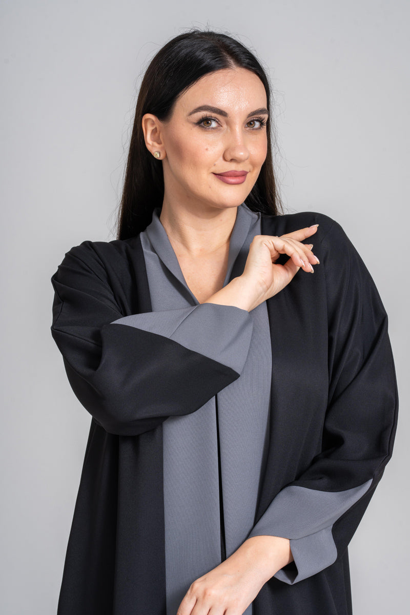 NY-58 - BLACK PLAIN ABAYA WITH SILVER HIGHLIGHTS (FUAA LINEN)