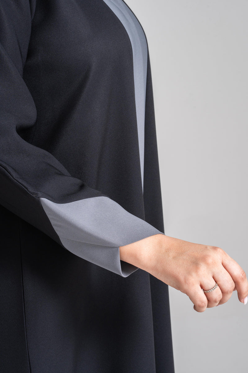 NY-58 - BLACK PLAIN ABAYA WITH SILVER HIGHLIGHTS (FUAA LINEN)