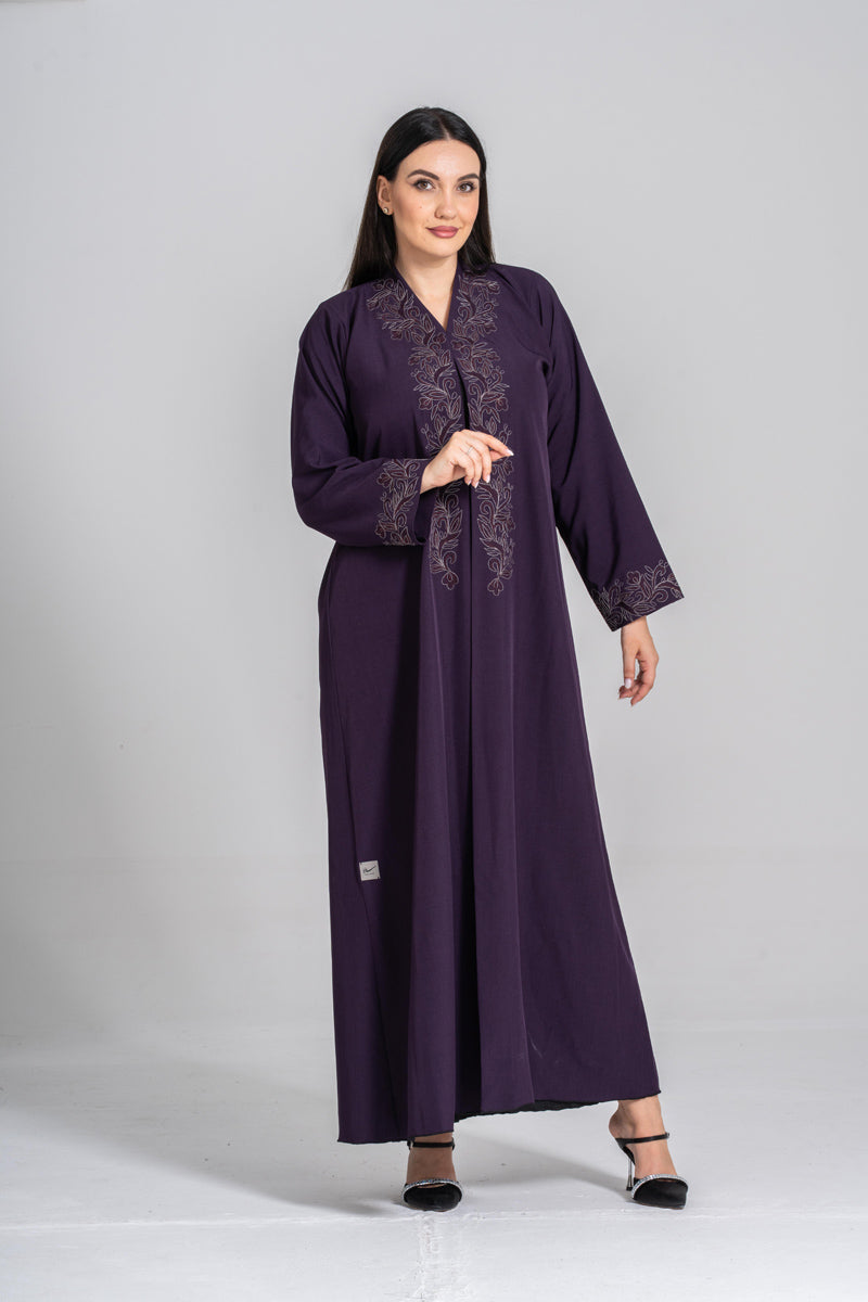 NY-52 - PURPLE ABAYA WITH FRONT AND HAND STITCHING WORK (FUAA LINEN)