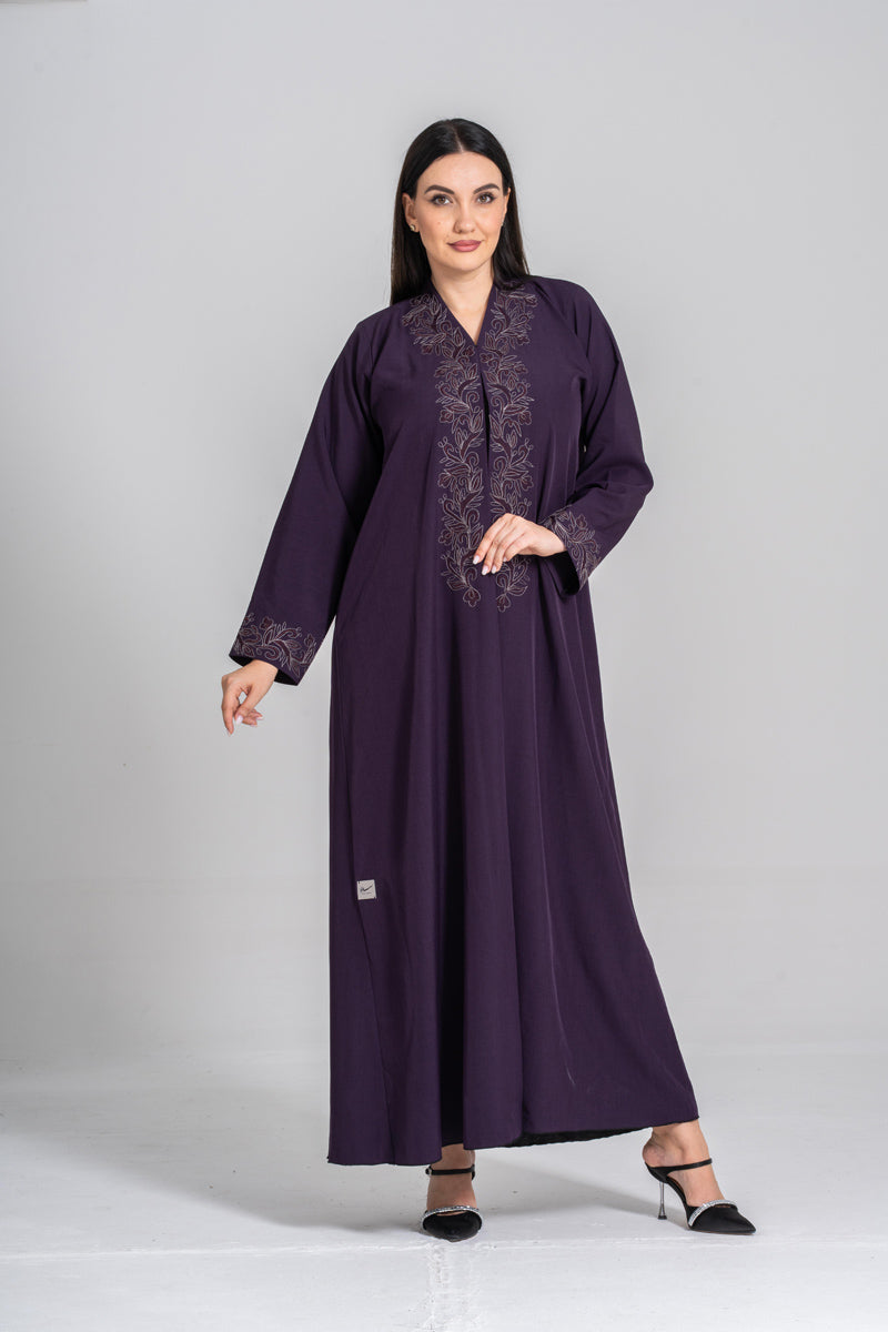 NY-52 - PURPLE ABAYA WITH FRONT AND HAND STITCHING WORK (FUAA LINEN)