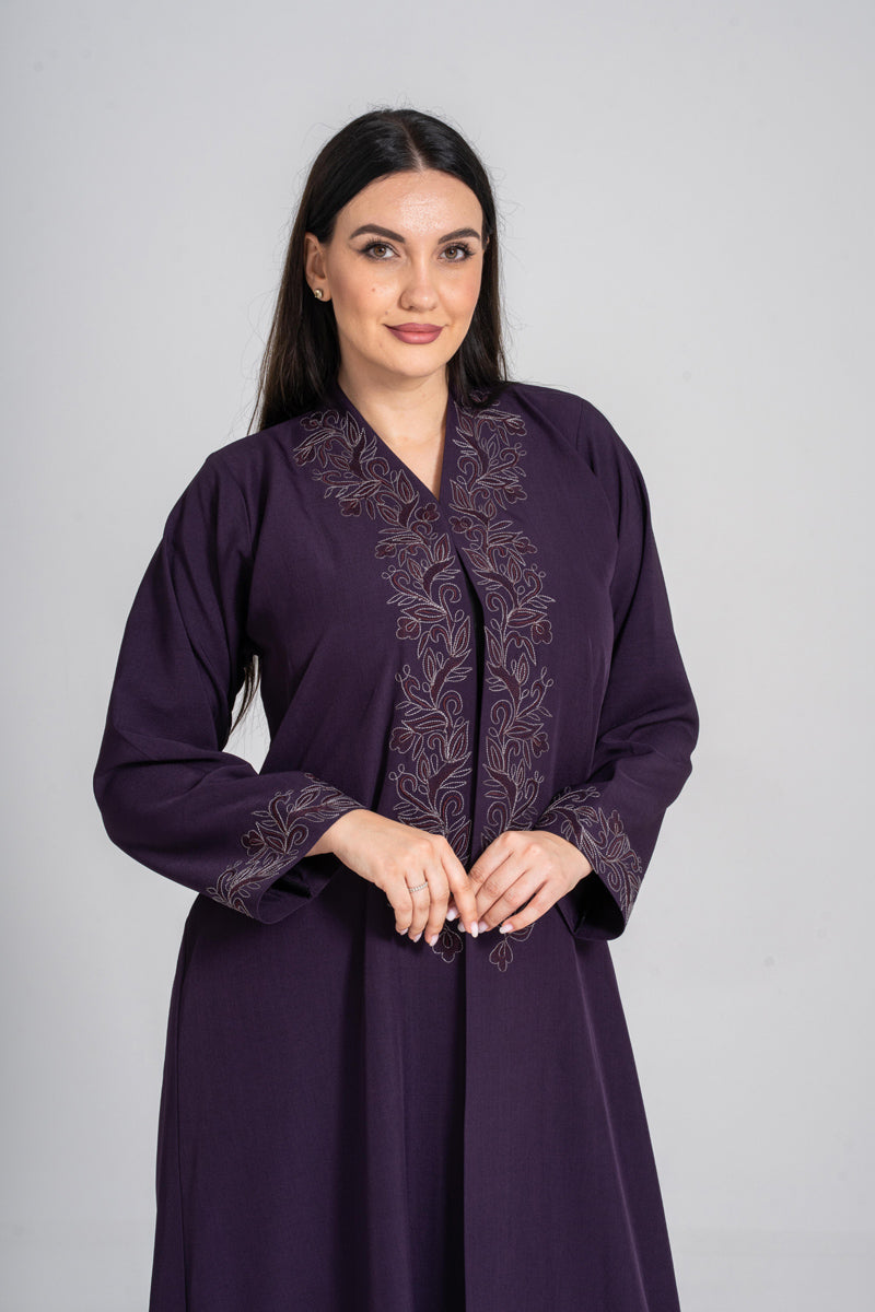 NY-52 - PURPLE ABAYA WITH FRONT AND HAND STITCHING WORK (FUAA LINEN)
