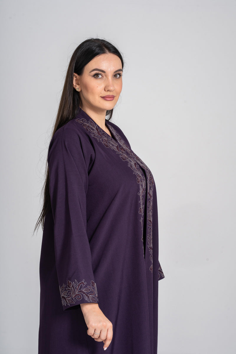 NY-52 - PURPLE ABAYA WITH FRONT AND HAND STITCHING WORK (FUAA LINEN)