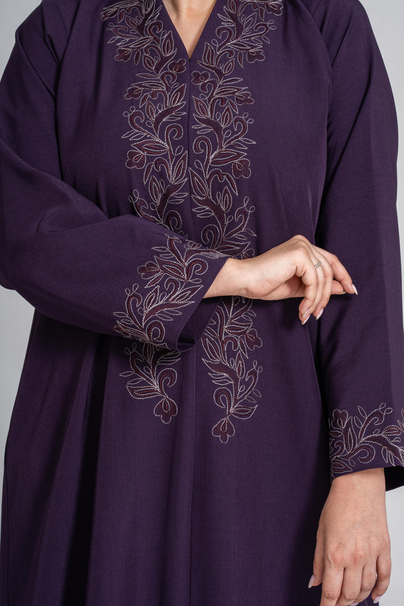 NY-52 - PURPLE ABAYA WITH FRONT AND HAND STITCHING WORK (FUAA LINEN)