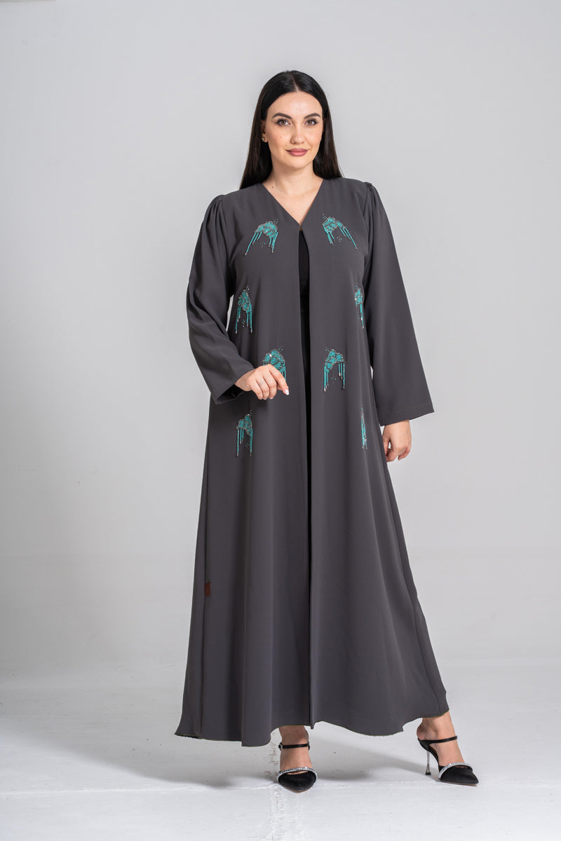 NY-53 - GREY ABAYA WITH FRONT TIFFANY HANDWORK (CUBRA)