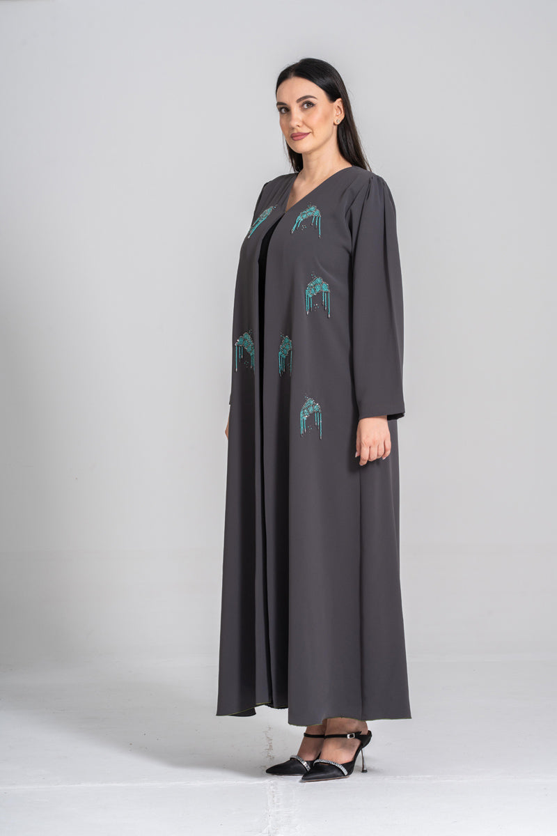 NY-53 - GREY ABAYA WITH FRONT TIFFANY HANDWORK (CUBRA)