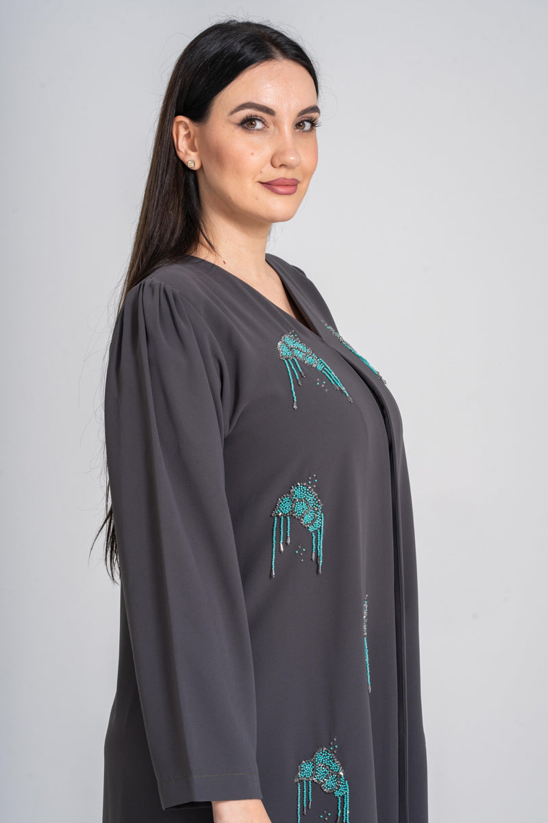 NY-53 - GREY ABAYA WITH FRONT TIFFANY HANDWORK (CUBRA)