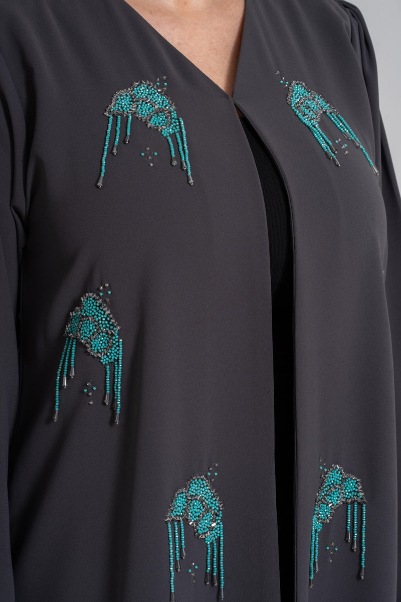 NY-53 - GREY ABAYA WITH FRONT TIFFANY HANDWORK (CUBRA)