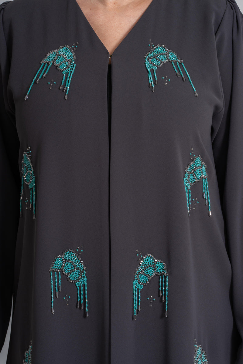 NY-53 - GREY ABAYA WITH FRONT TIFFANY HANDWORK (CUBRA)