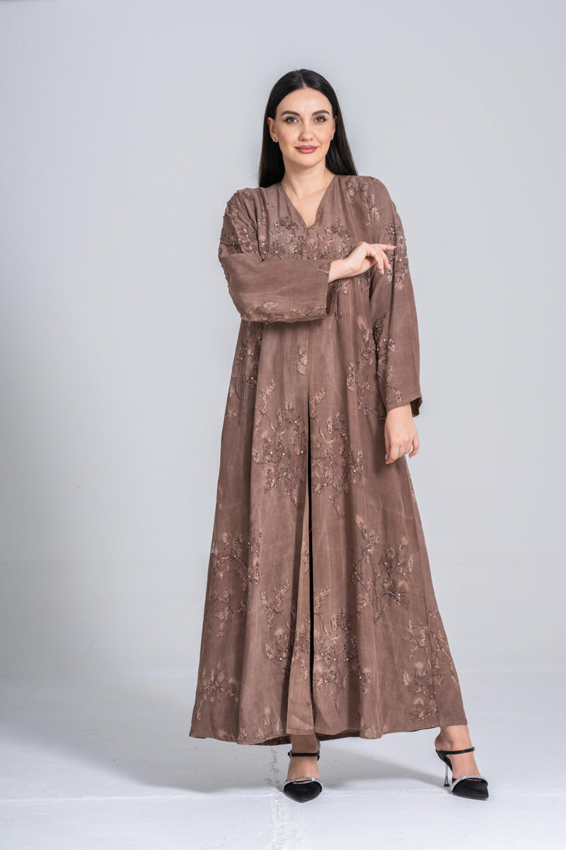 NY-54 - FLORAL TURKEY PRINT ABAYA WITH A NUDGE OF HANDWORK