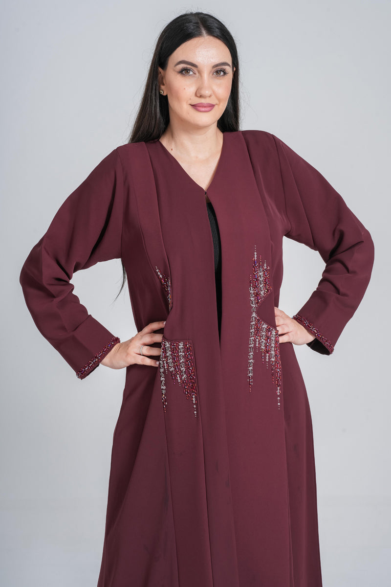 NY-62 - MEROON ABAYA WITH FRONT HANDWORK (BARBIE)