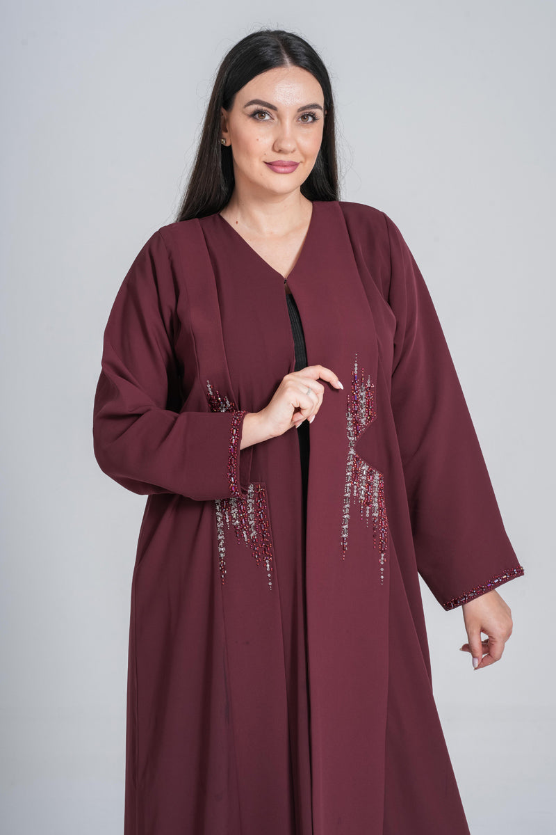 NY-62 - MEROON ABAYA WITH FRONT HANDWORK (BARBIE)