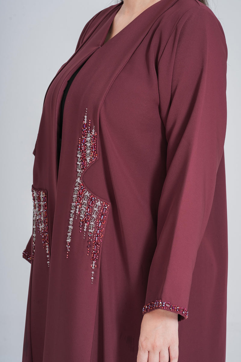 NY-62 - MEROON ABAYA WITH FRONT HANDWORK (BARBIE)