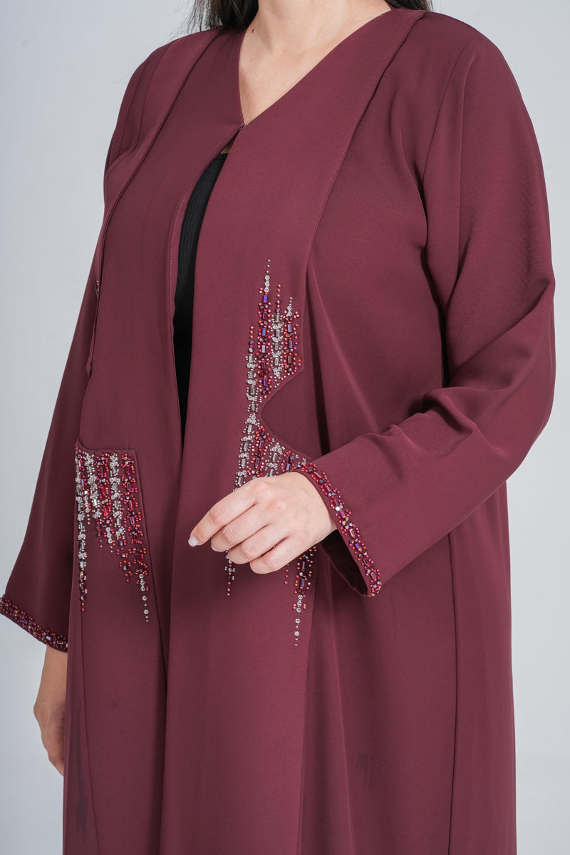 NY-62 - MEROON ABAYA WITH FRONT HANDWORK (BARBIE)