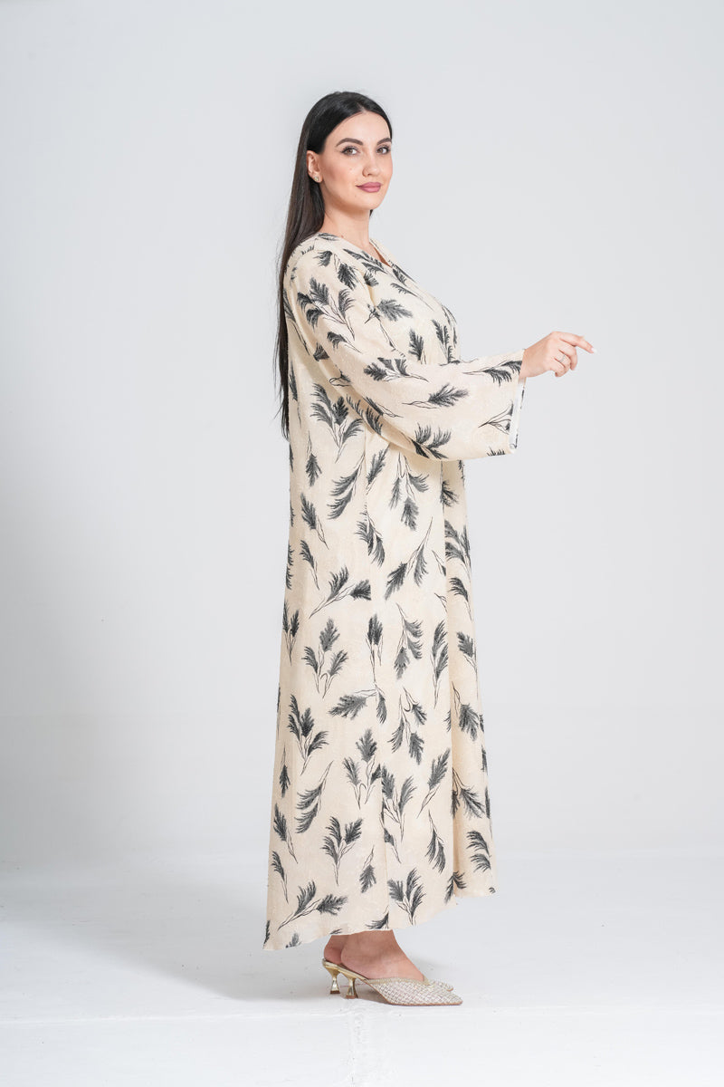NY-60 - LEAFY PRINT ABAYA IN BEIJ