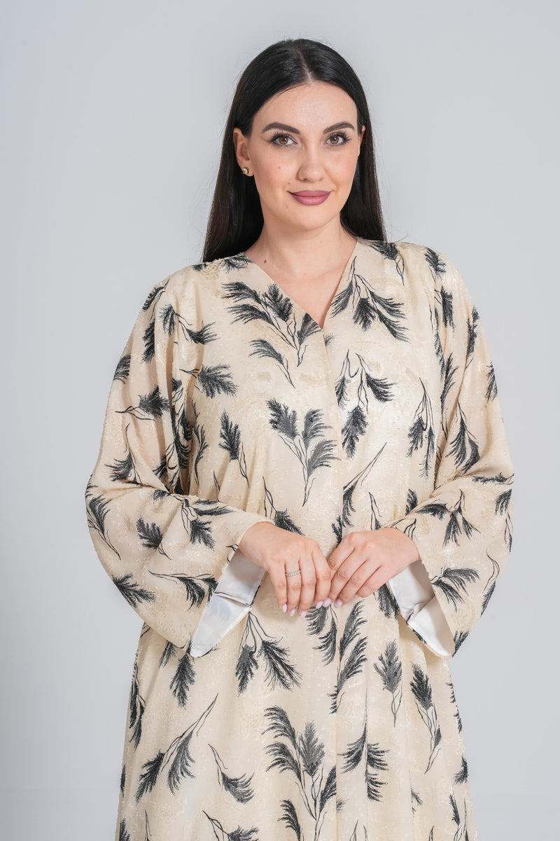 NY-60 - LEAFY PRINT ABAYA IN BEIJ