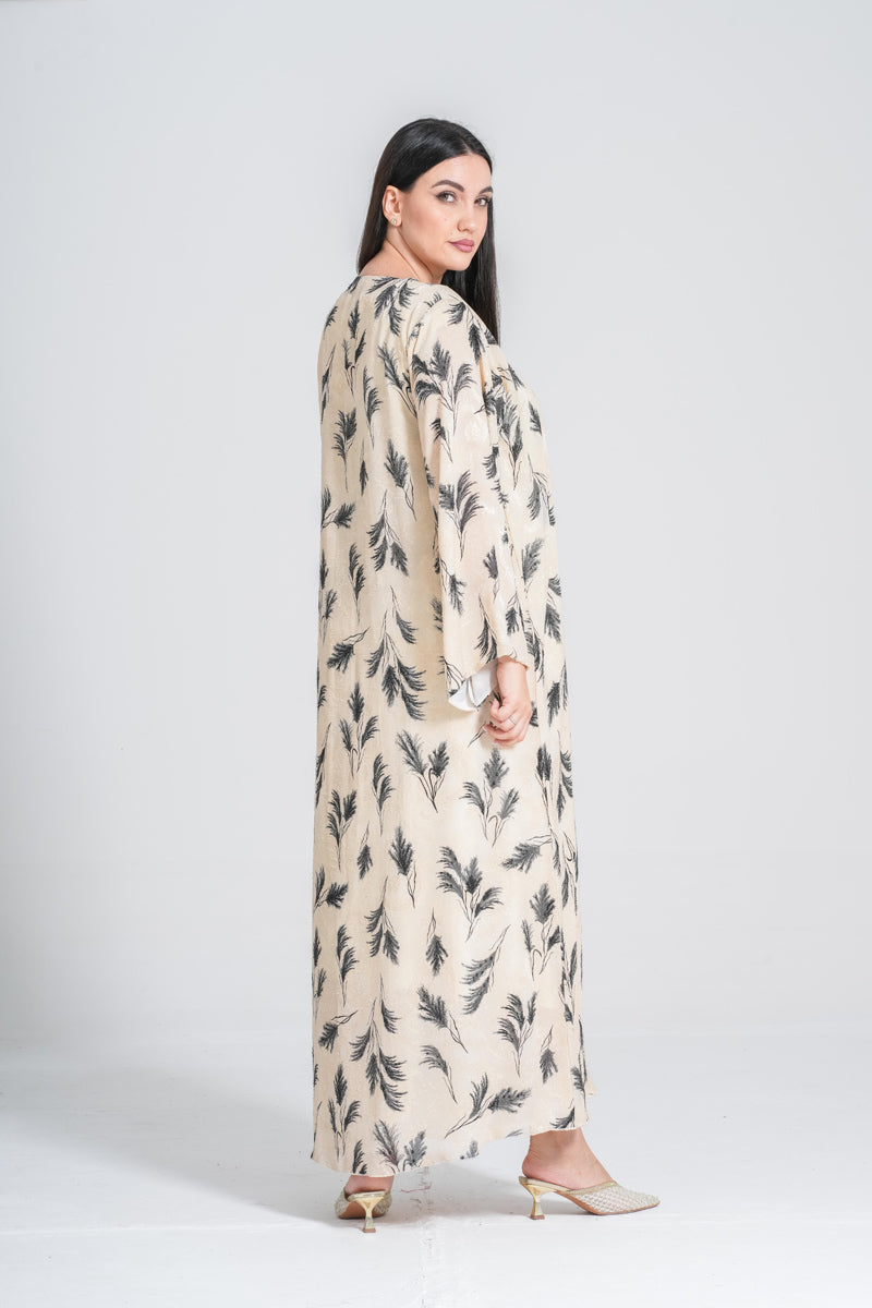 NY-60 - LEAFY PRINT ABAYA IN BEIJ
