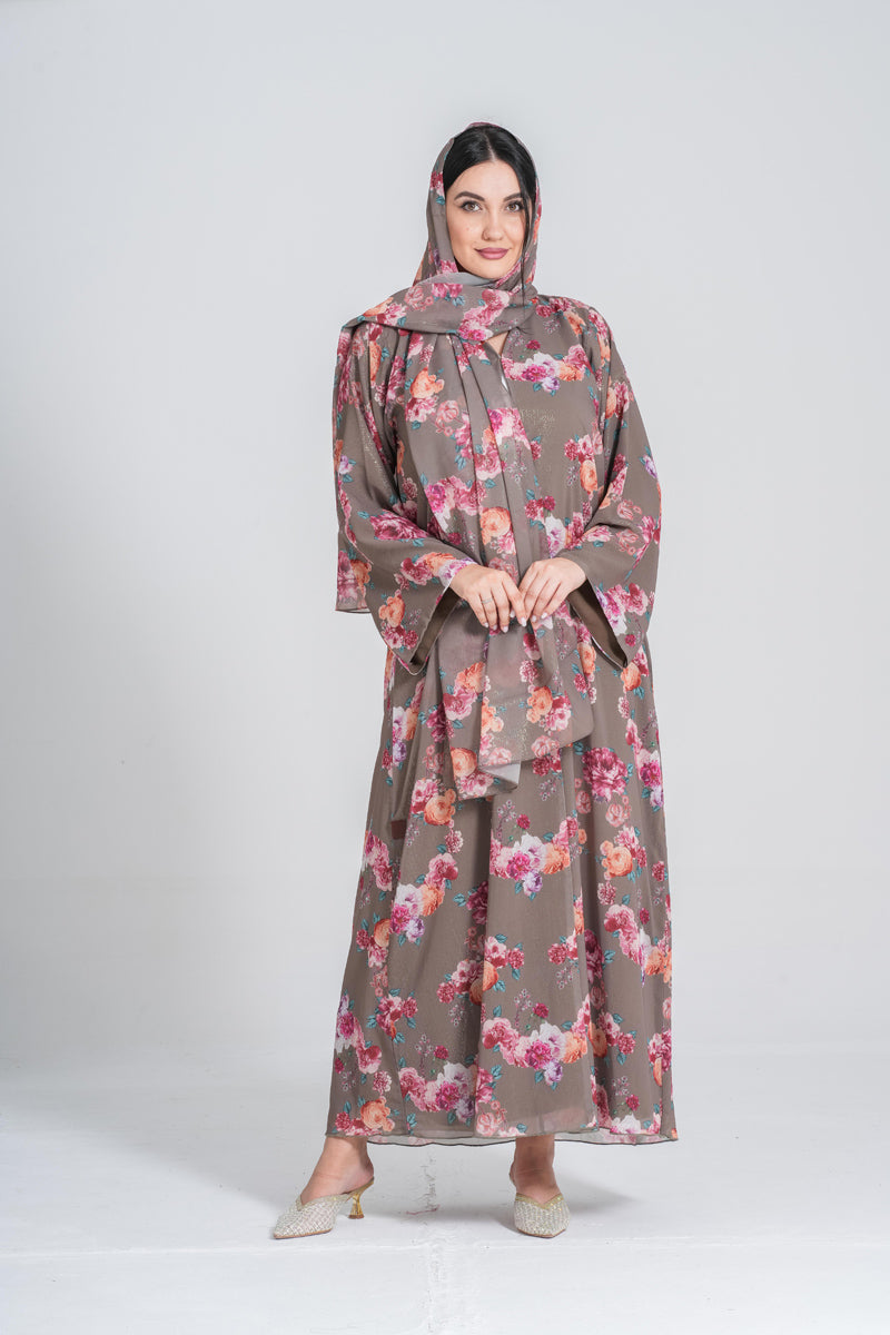 NY-61 - FLORAL PRINT ABAYA IN GREY