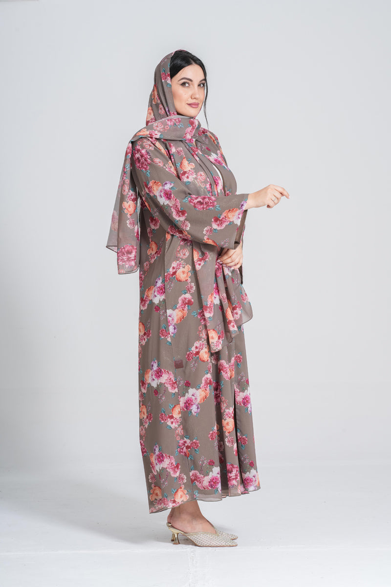NY-61 - FLORAL PRINT ABAYA IN GREY