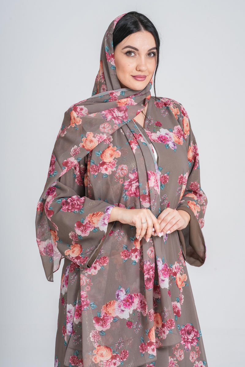 NY-61 - FLORAL PRINT ABAYA IN GREY