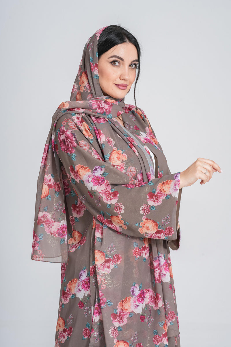NY-61 - FLORAL PRINT ABAYA IN GREY