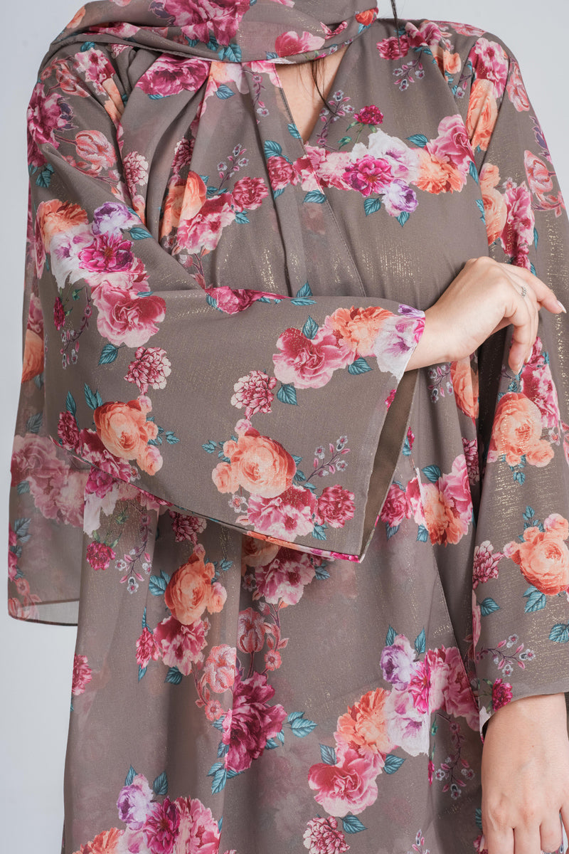 NY-61 - FLORAL PRINT ABAYA IN GREY