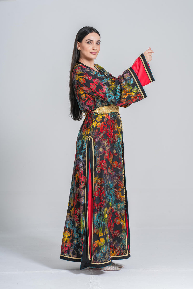 KF-03 - CLASSIC MOROCCAN OUTING KAFTAN IN FLORAL AND RED