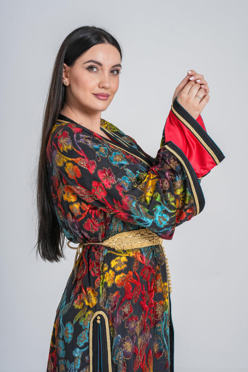 KF-03 - CLASSIC MOROCCAN OUTING KAFTAN IN FLORAL AND RED