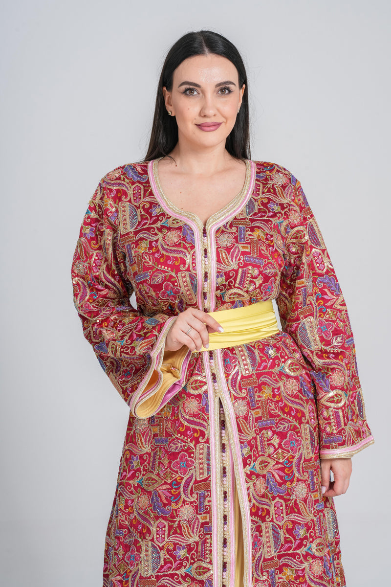 KF-02 - CLASSIC PARTY WEAR MOROCCAN KAFTAN IN ORANGE WITH YELLOW BELT