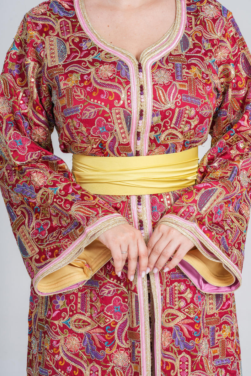 KF-02 - CLASSIC PARTY WEAR MOROCCAN KAFTAN IN ORANGE WITH YELLOW BELT