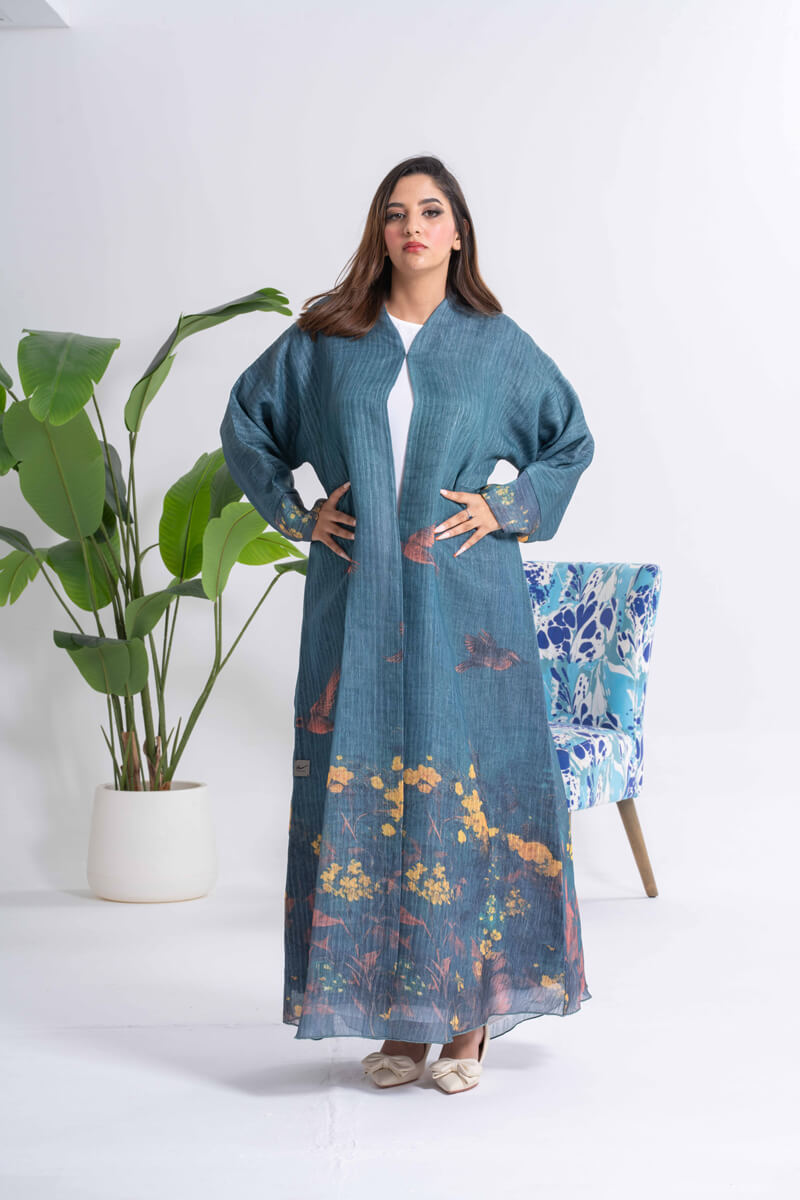 NY-19 - NATURE PRINT ABAYA WITH BLUE SHEILA
