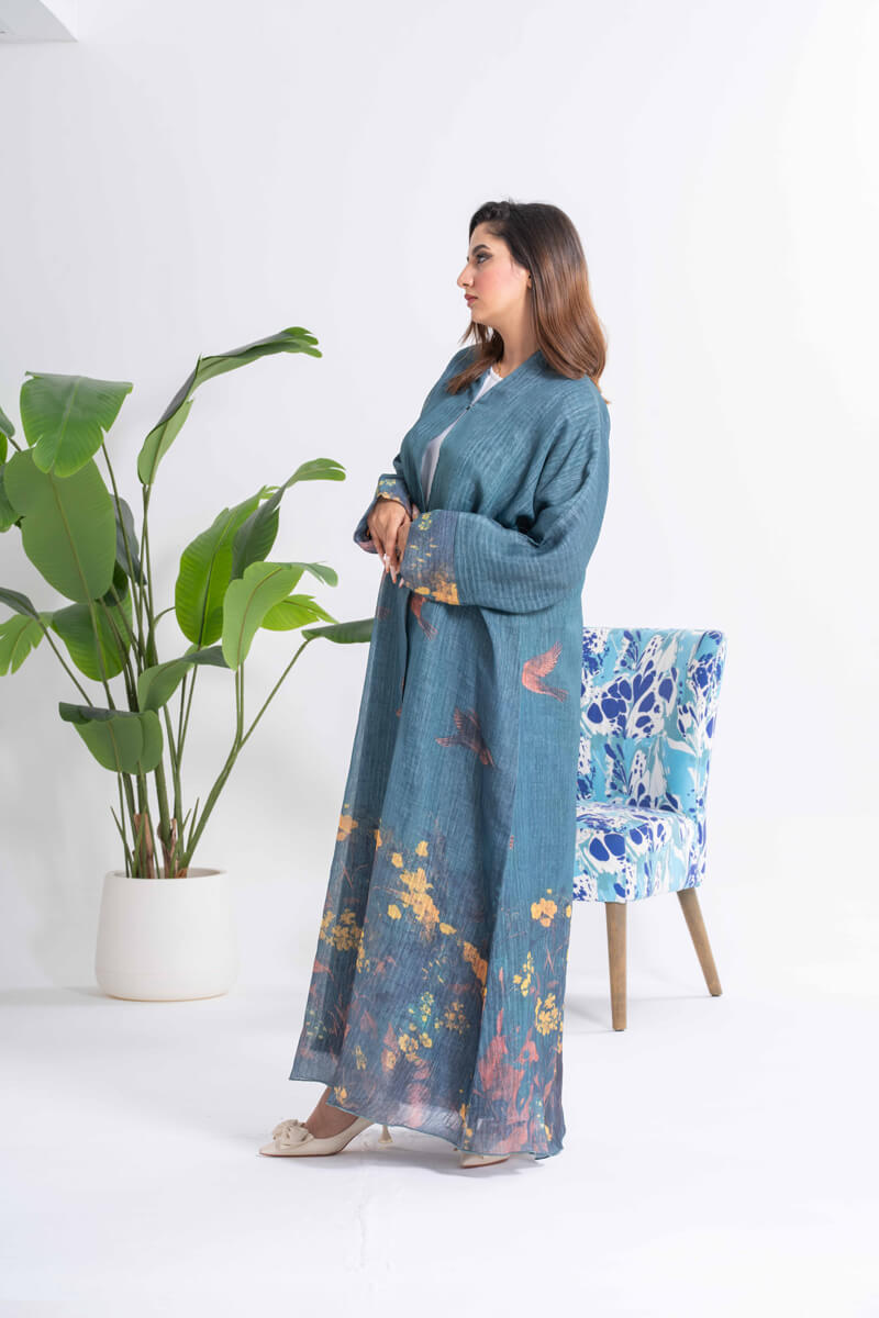 NY-19 - NATURE PRINT ABAYA WITH BLUE SHEILA