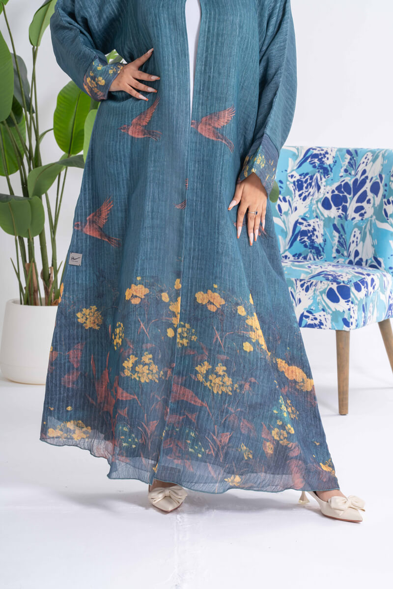 NY-19 - NATURE PRINT ABAYA WITH BLUE SHEILA