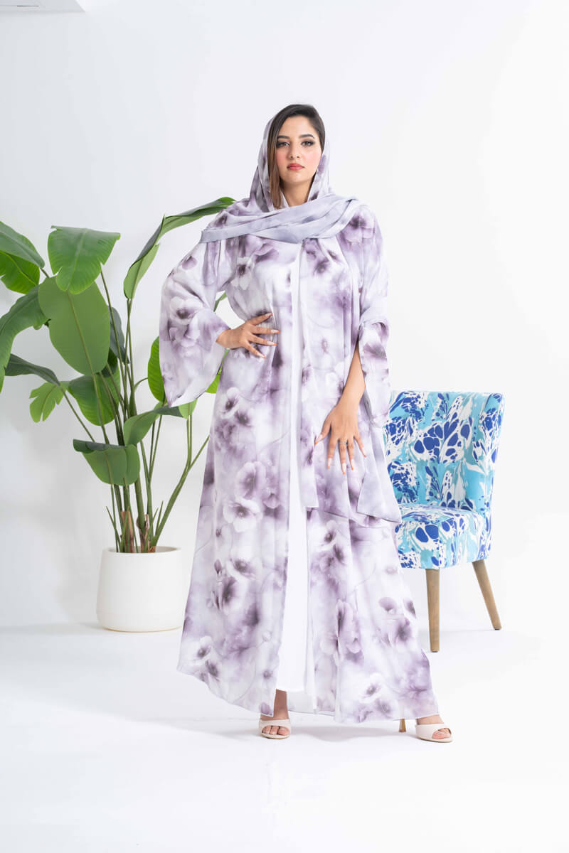 NY-21 - WHITE AND PURPLE FLORAL PRINT ABAYA WITH SAME PRINT SHEILA