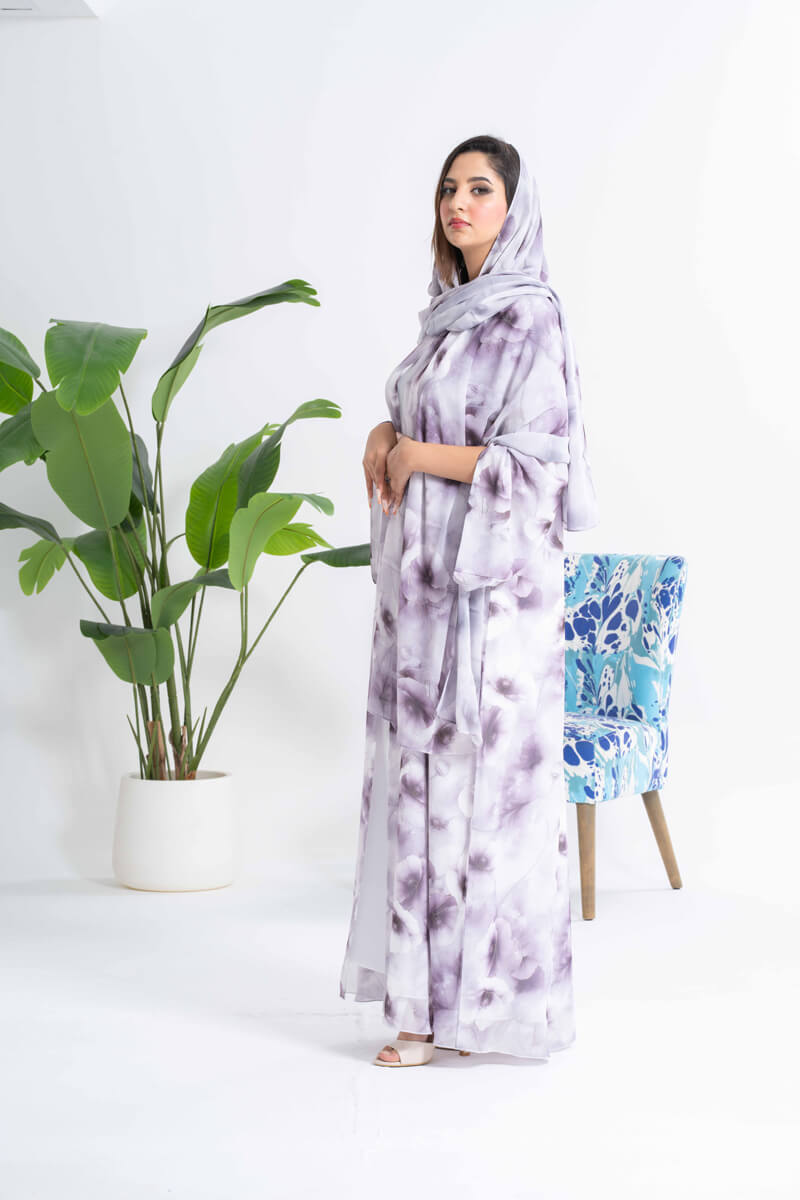NY-21 - WHITE AND PURPLE FLORAL PRINT ABAYA WITH SAME PRINT SHEILA