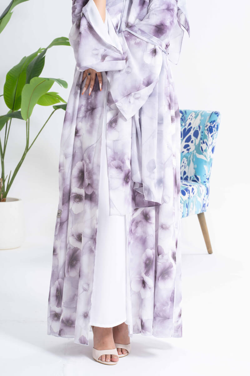 NY-21 - WHITE AND PURPLE FLORAL PRINT ABAYA WITH SAME PRINT SHEILA