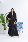 NY-22 - BLACK AND GREY FLORAL PRINT ABAYA WITH SAME PRINT SHEILA