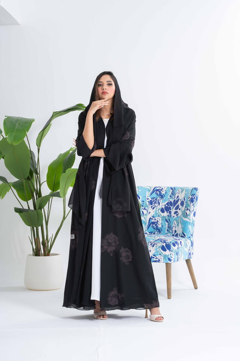 NY-22 - BLACK AND GREY FLORAL PRINT ABAYA WITH SAME PRINT SHEILA