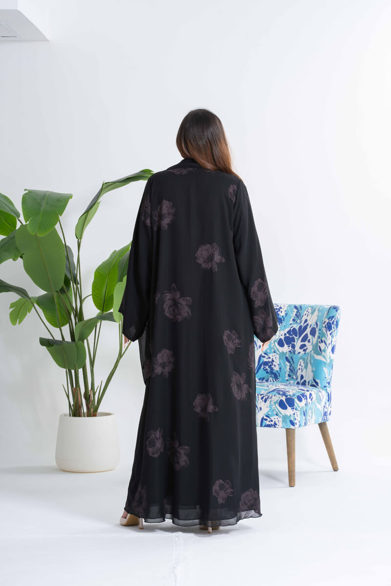NY-22 - BLACK AND GREY FLORAL PRINT ABAYA WITH SAME PRINT SHEILA