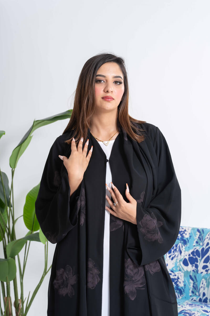NY-22 - BLACK AND GREY FLORAL PRINT ABAYA WITH SAME PRINT SHEILA