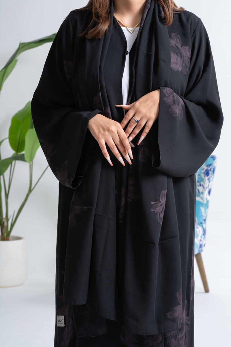 NY-22 - BLACK AND GREY FLORAL PRINT ABAYA WITH SAME PRINT SHEILA