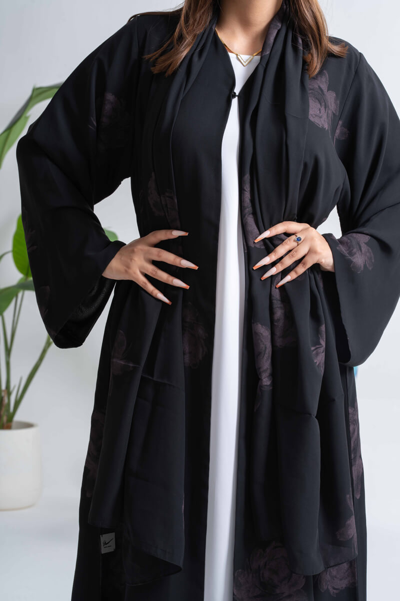 NY-22 - BLACK AND GREY FLORAL PRINT ABAYA WITH SAME PRINT SHEILA