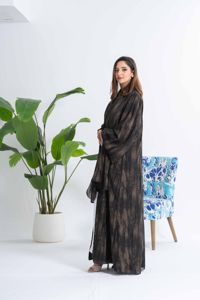 NY-23 GOLD AND BLACK ABSTRACT PRINT ABAYA WITH SAME PRINT SHEILA