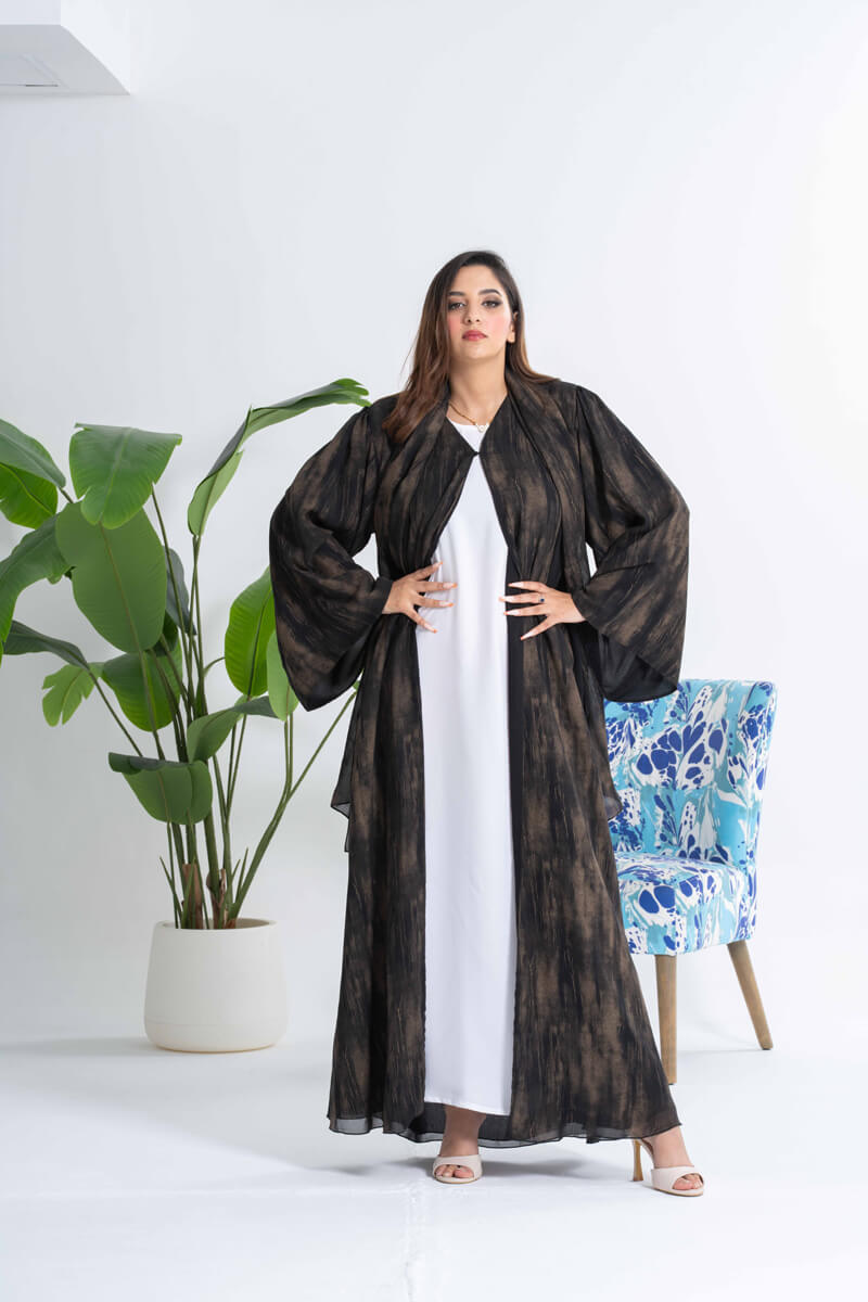 NY-23 GOLD AND BLACK ABSTRACT PRINT ABAYA WITH SAME PRINT SHEILA