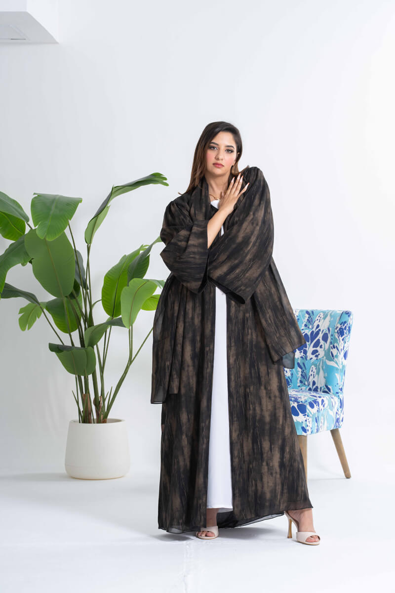 NY-23 GOLD AND BLACK ABSTRACT PRINT ABAYA WITH SAME PRINT SHEILA