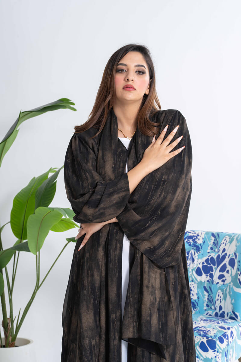 NY-23 GOLD AND BLACK ABSTRACT PRINT ABAYA WITH SAME PRINT SHEILA
