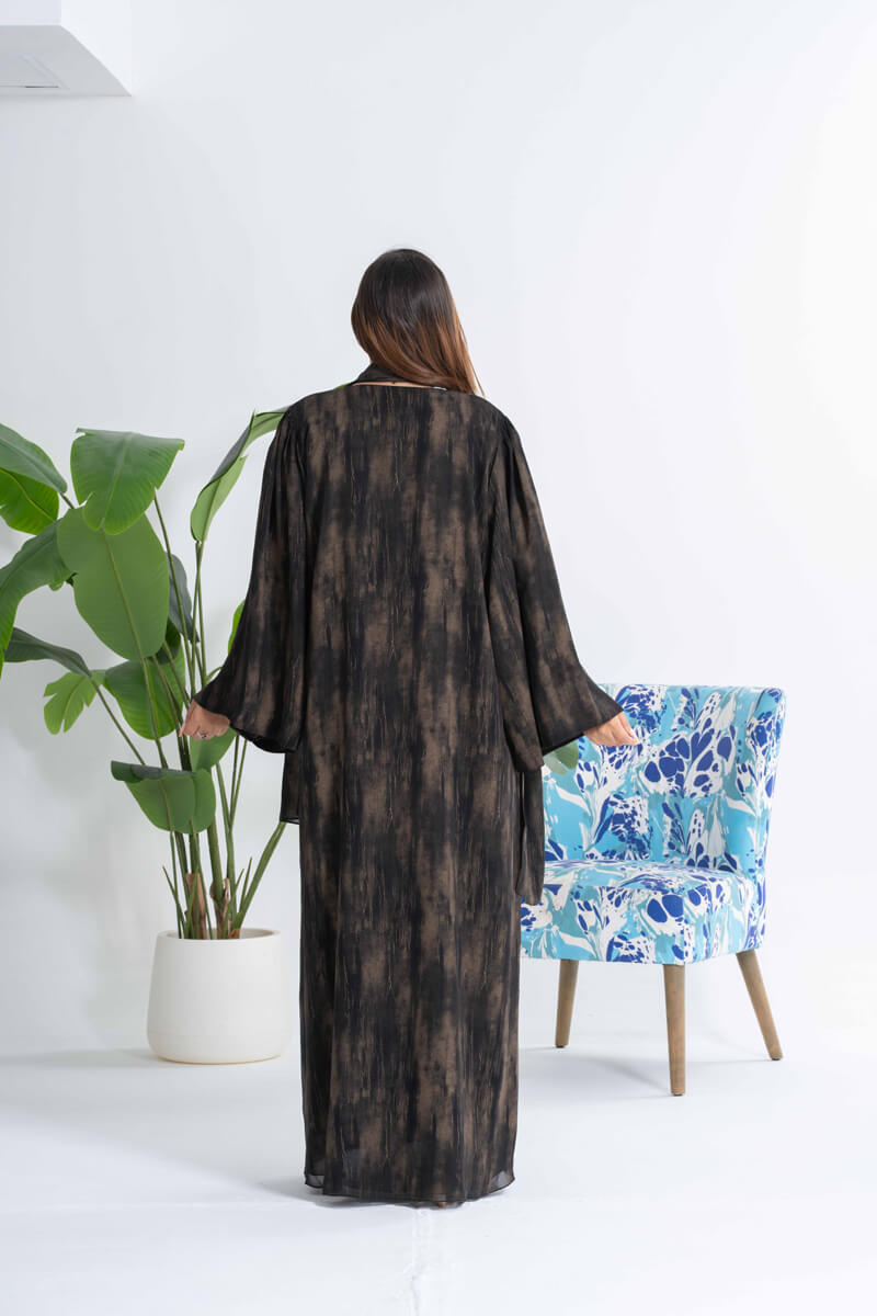 NY-23 GOLD AND BLACK ABSTRACT PRINT ABAYA WITH SAME PRINT SHEILA