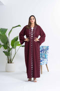 NY-24 - MEROON ABAYA WITH LASER CUT FLOWERS, FRONT AND SIDE (FUAA LINEN)