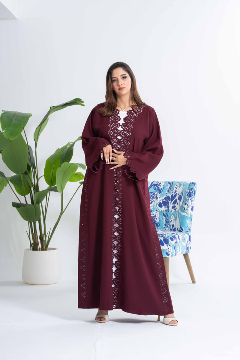NY-24 - MEROON ABAYA WITH LASER CUT FLOWERS, FRONT AND SIDE (FUAA LINEN)