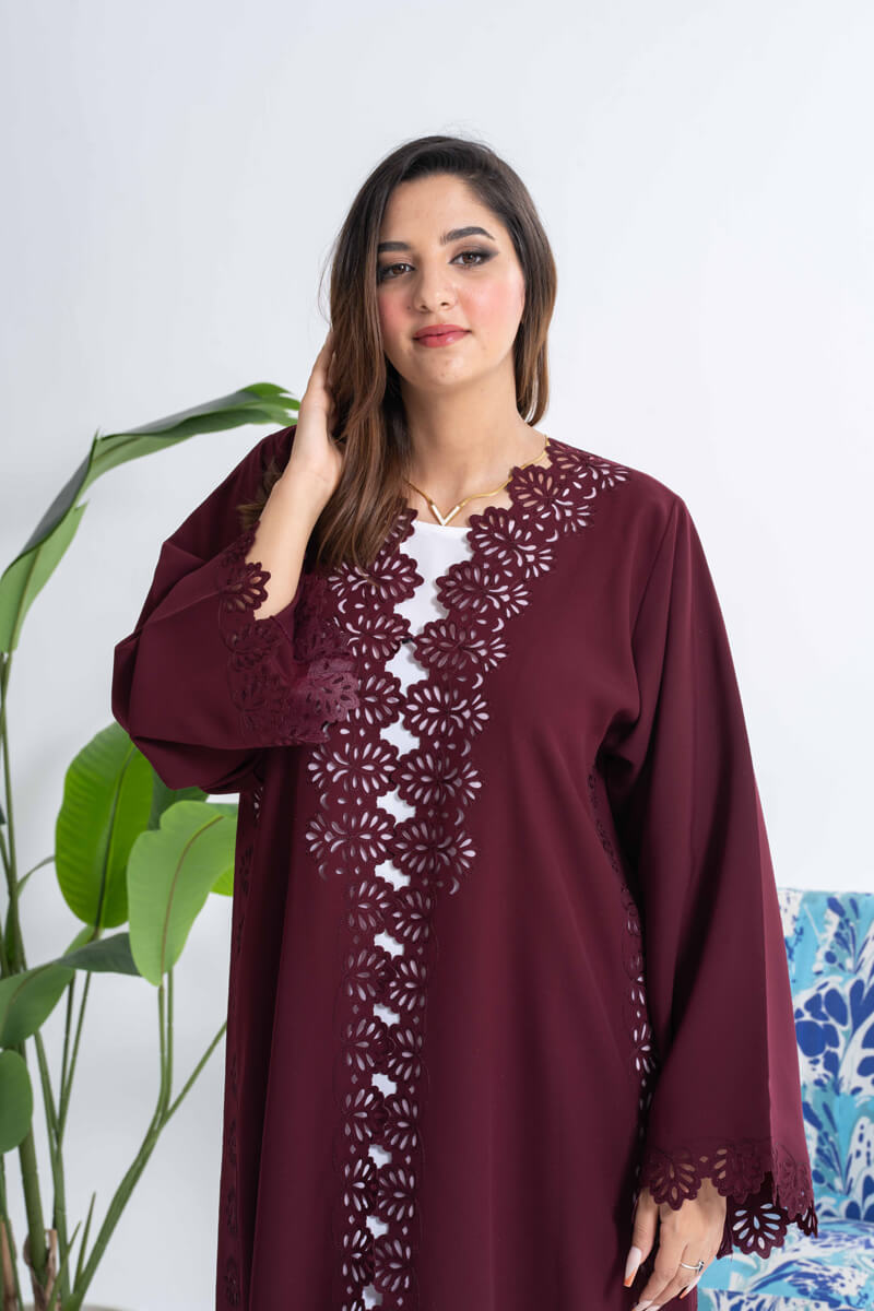 NY-24 - MEROON ABAYA WITH LASER CUT FLOWERS, FRONT AND SIDE (FUAA LINEN)